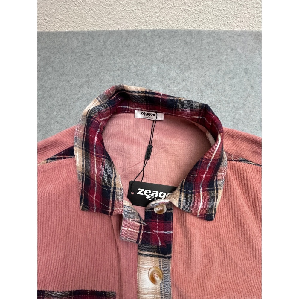 Zeagoo Womens XXL Pink Corduroy Plaid Colorblock Button Down Shirt Shacket NWT - Picture 4 of 11
